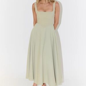 oddmuse The Ultimate Muse High Waist Square Neck Midi Dress in Sage